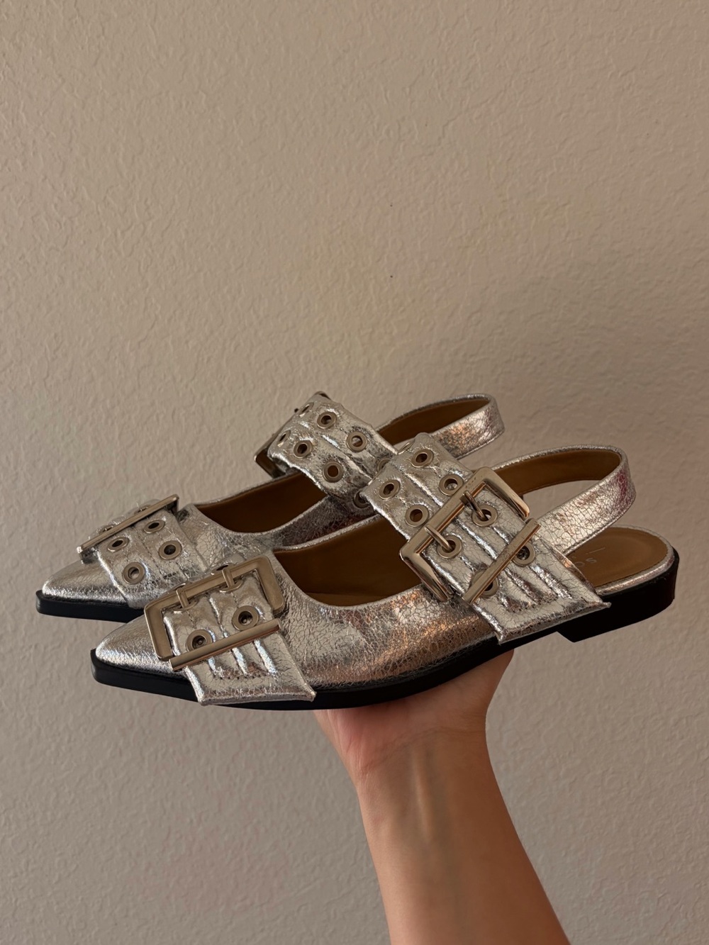 Vintage inspired Silver Metallic Buckle Slingback Mules
